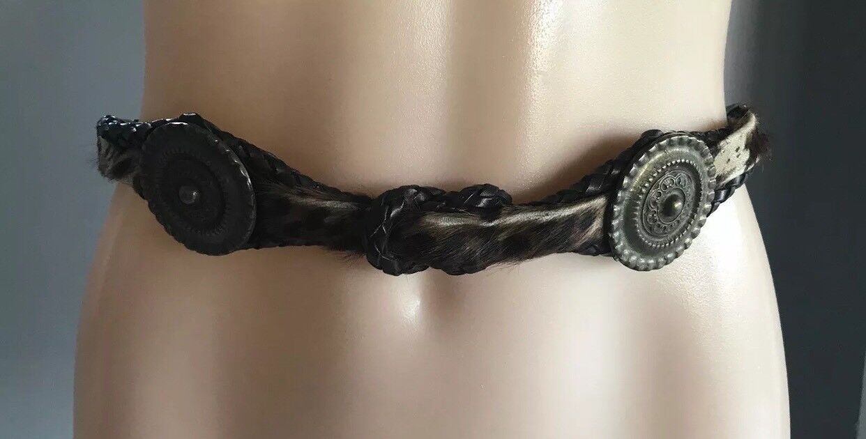 Vintage BELT Brass Disc Brown Plaited Leather & Fur Belt To Fit Waist 73 - 82cm