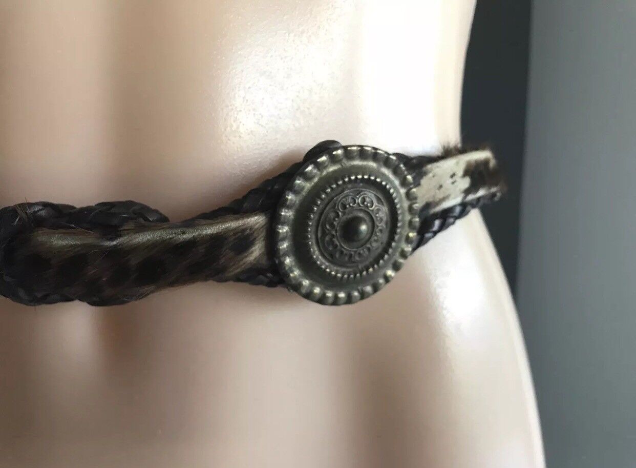 Vintage BELT Brass Disc Brown Plaited Leather & Fur Belt To Fit Waist 73 - 82cm