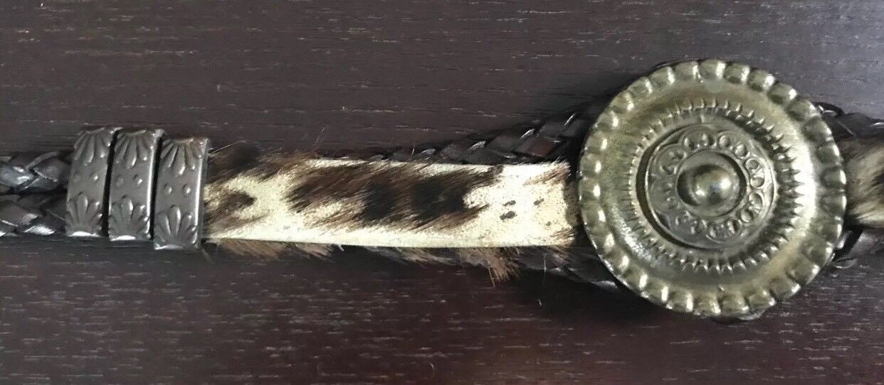 Vintage BELT Brass Disc Brown Plaited Leather & Fur Belt To Fit Waist 73 - 82cm