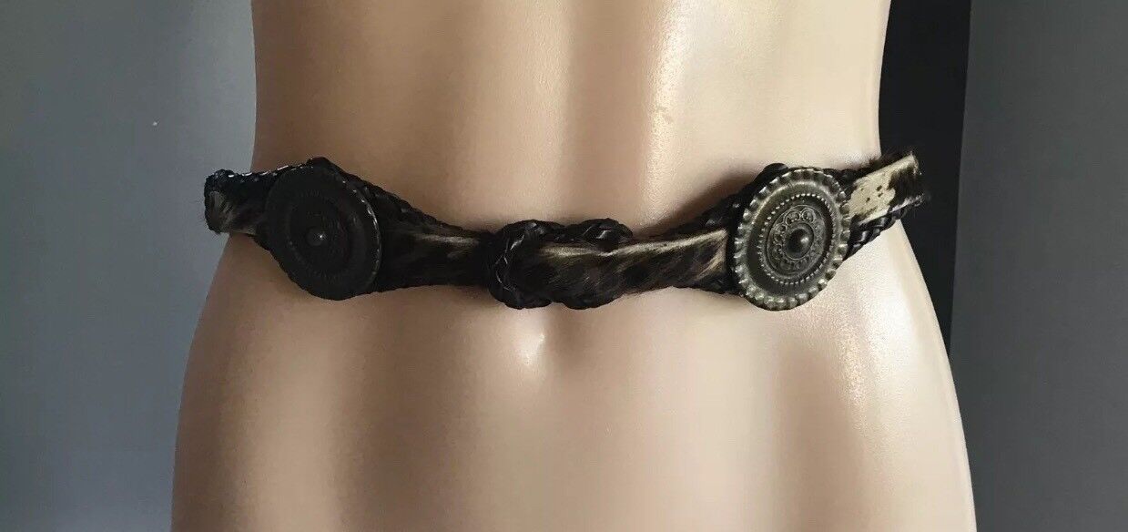 Vintage BELT Brass Disc Brown Plaited Leather & Fur Belt To Fit Waist 73 - 82cm