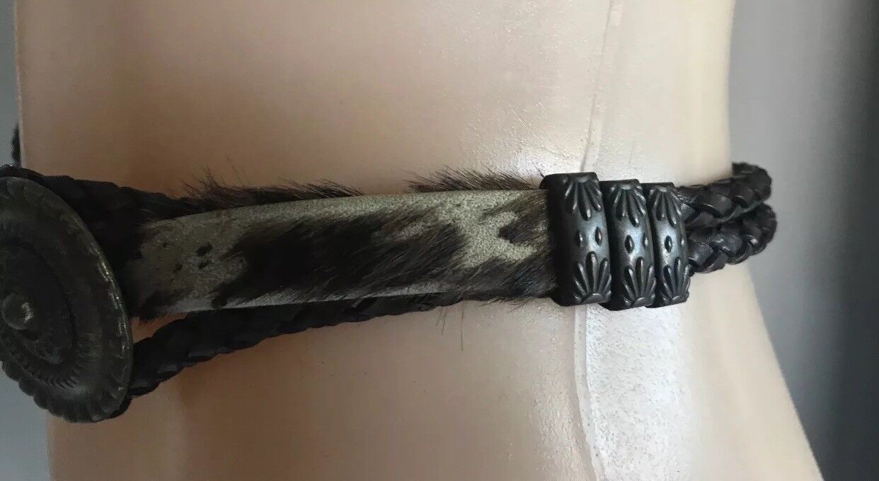 Vintage BELT Brass Disc Brown Plaited Leather & Fur Belt To Fit Waist 73 - 82cm