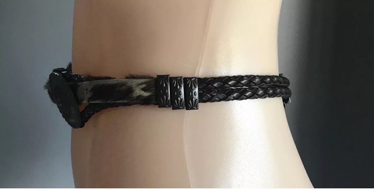 Vintage BELT Brass Disc Brown Plaited Leather & Fur Belt To Fit Waist 73 - 82cm