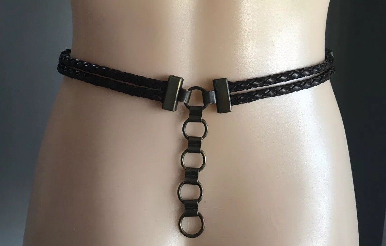 Vintage BELT Brass Disc Brown Plaited Leather & Fur Belt To Fit Waist 73 - 82cm