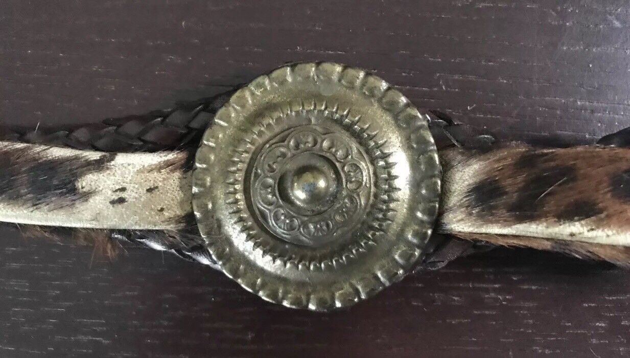 Vintage BELT Brass Disc Brown Plaited Leather & Fur Belt To Fit Waist 73 - 82cm