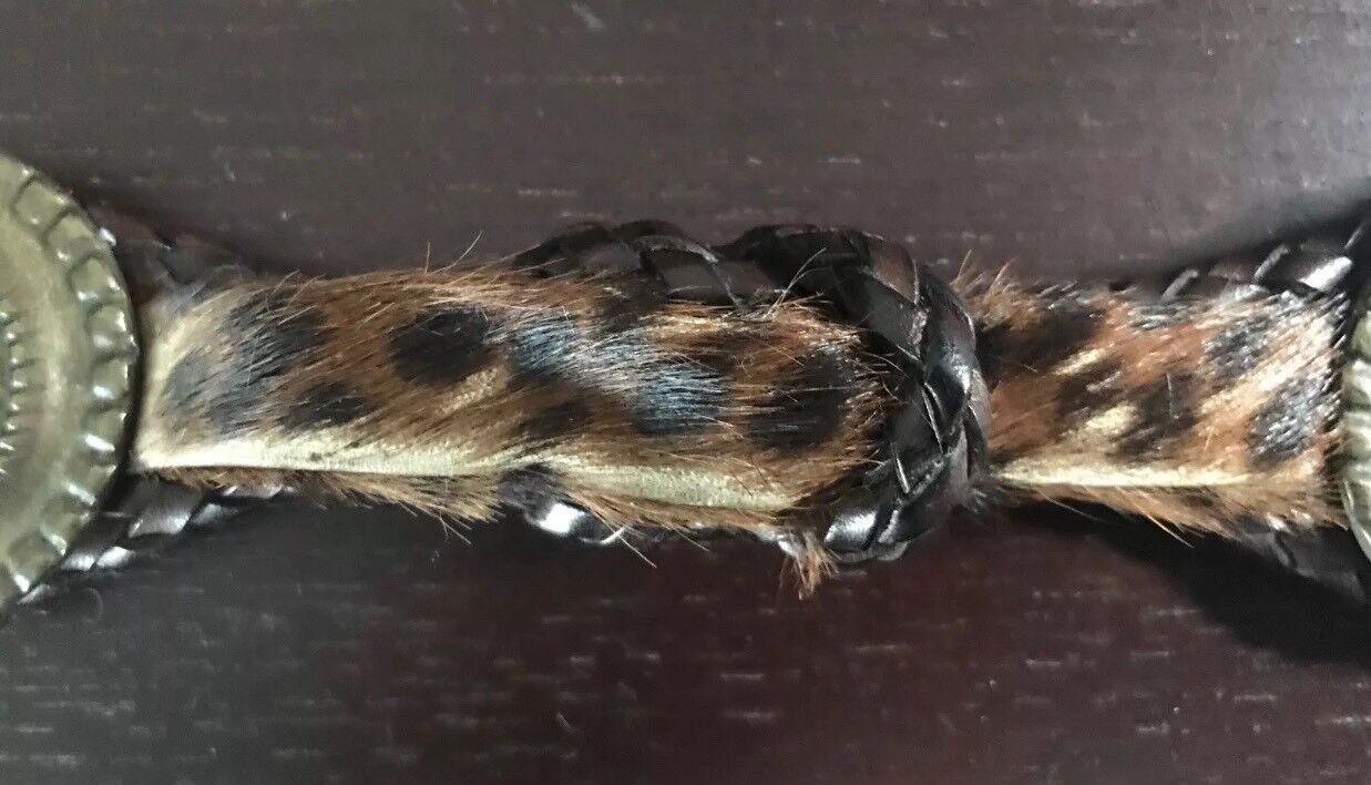 Vintage BELT Brass Disc Brown Plaited Leather & Fur Belt To Fit Waist 73 - 82cm