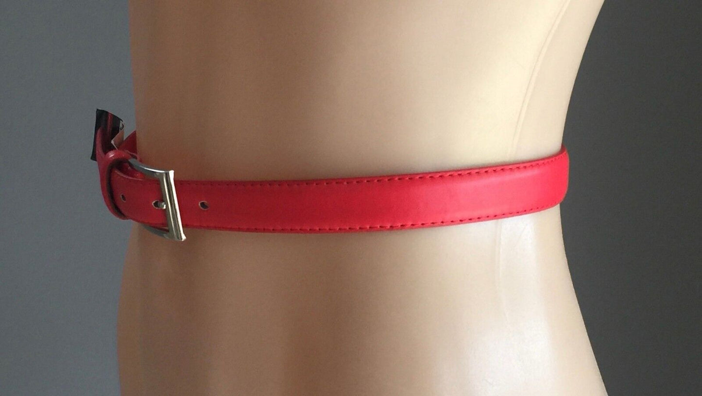 New 80cm DOLLAR DEER Red Leather Thin Belt Ladies Size 8 26" 2.5cm Wide (1)
