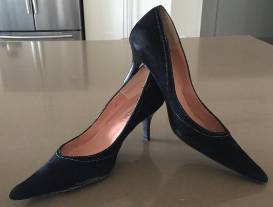 MIDAS SHOES Court Shoes Flair Black Suede Leather  Pointy Toe Size 36.5 Vintage