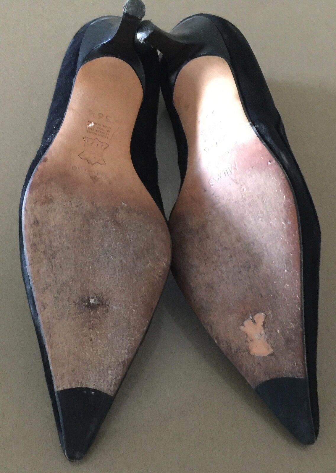 MIDAS SHOES Court Shoes Flair Black Suede Leather  Pointy Toe Size 36.5 Vintage