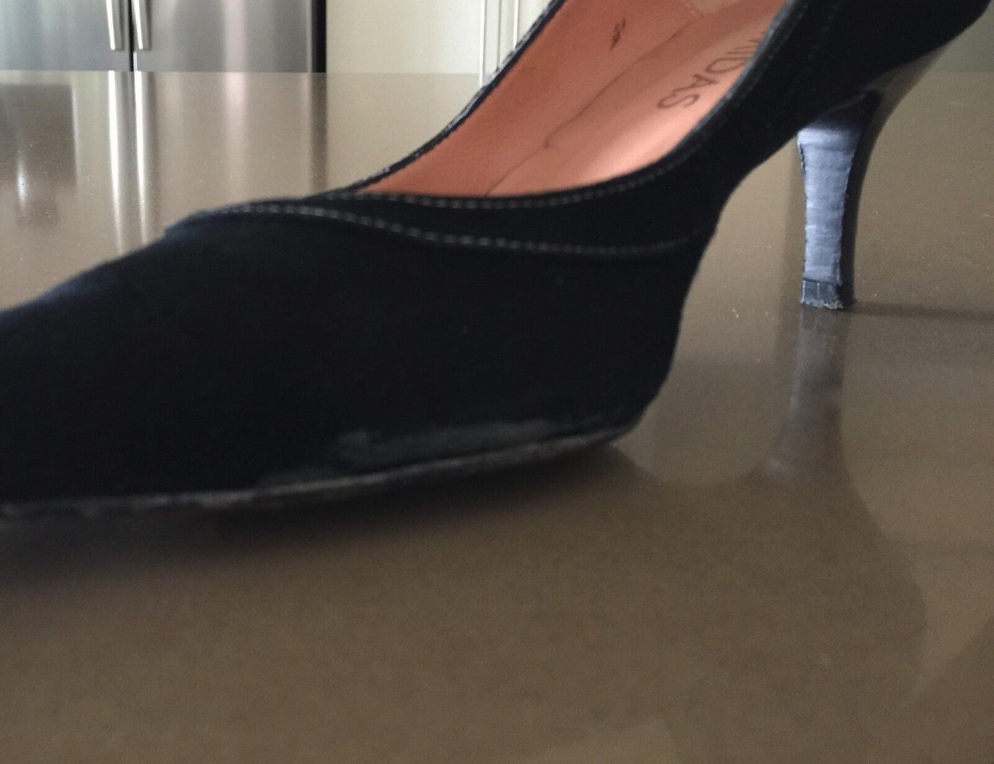 MIDAS SHOES Court Shoes Flair Black Suede Leather  Pointy Toe Size 36.5 Vintage