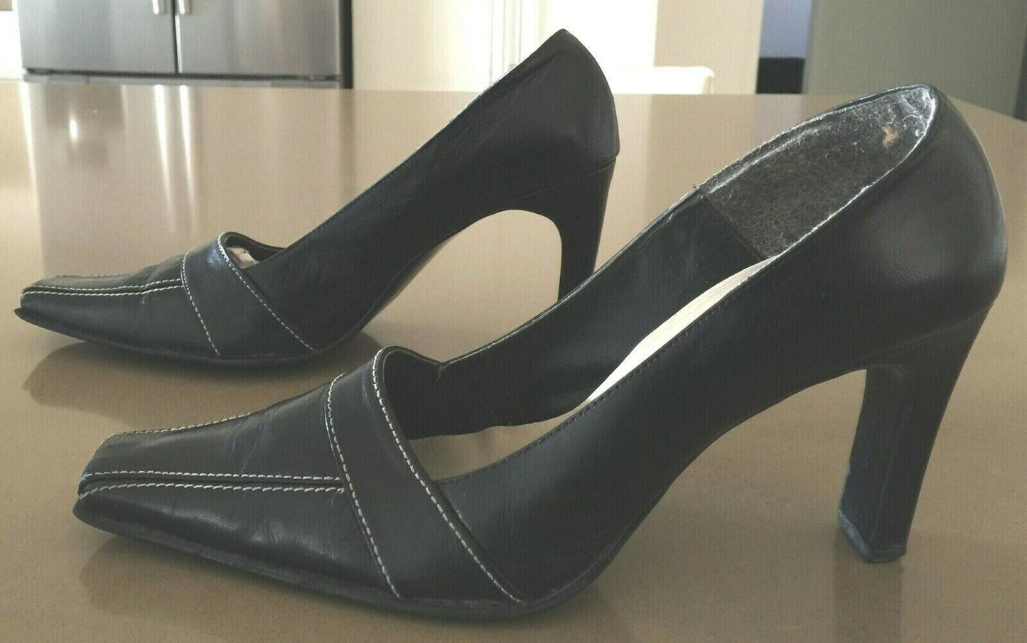 1990's Court Shoes Black Leather White Stitch Square Toe Size 8.5 B 1950's Vibe
