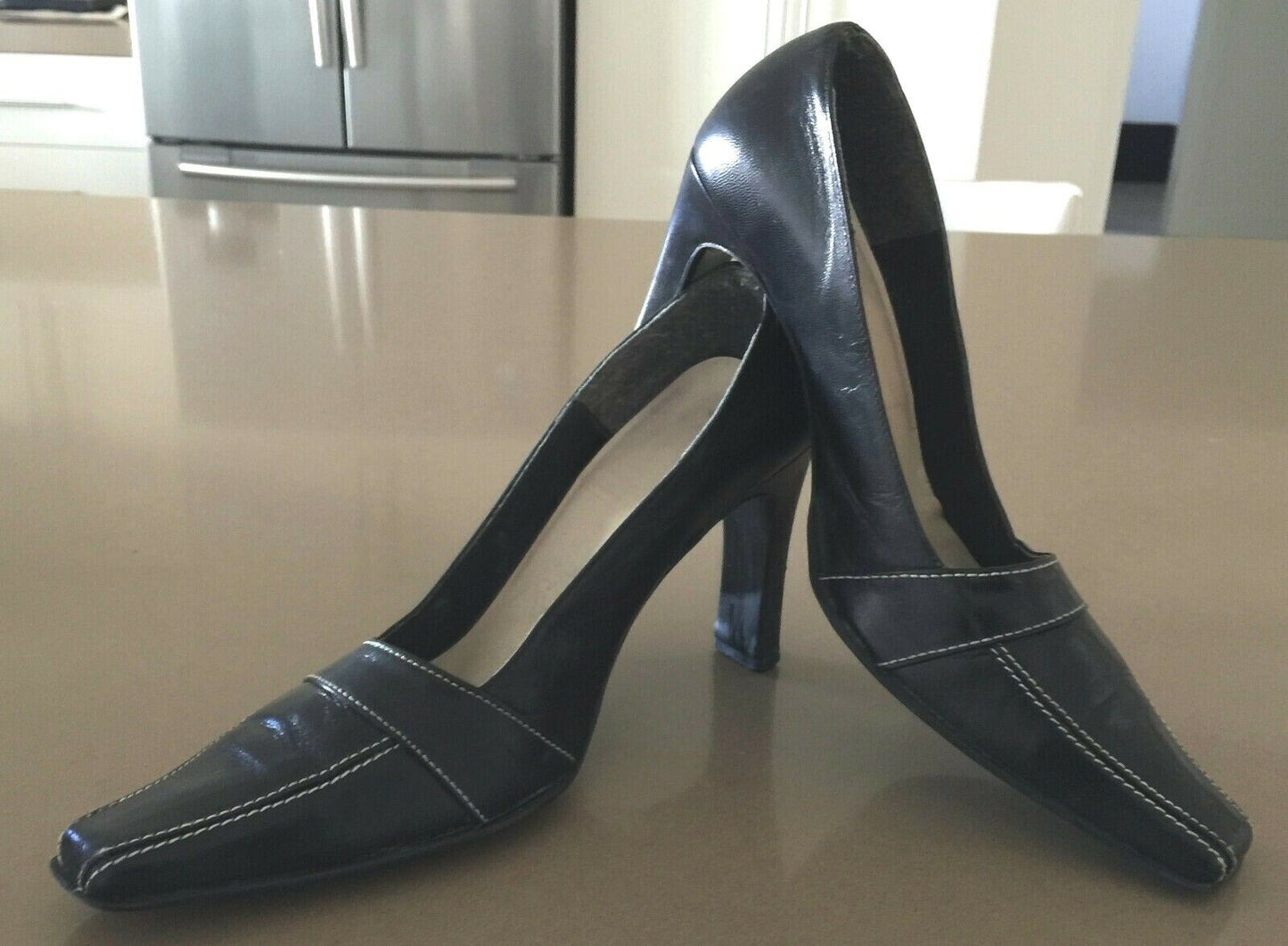 1990's Court Shoes Black Leather White Stitch Square Toe Size 8.5 B 1950's Vibe