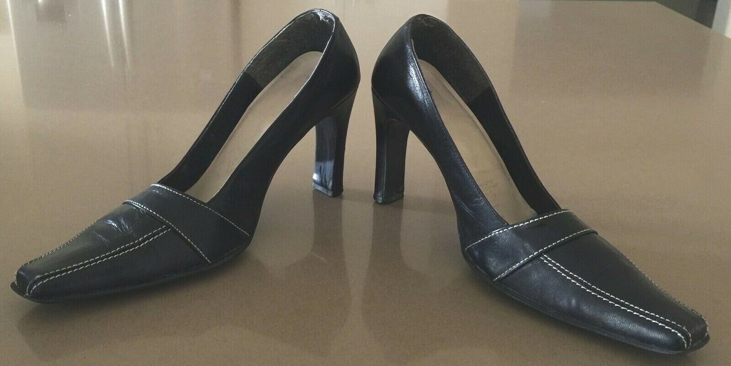 1990's Court Shoes Black Leather White Stitch Square Toe Size 8.5 B 1950's Vibe