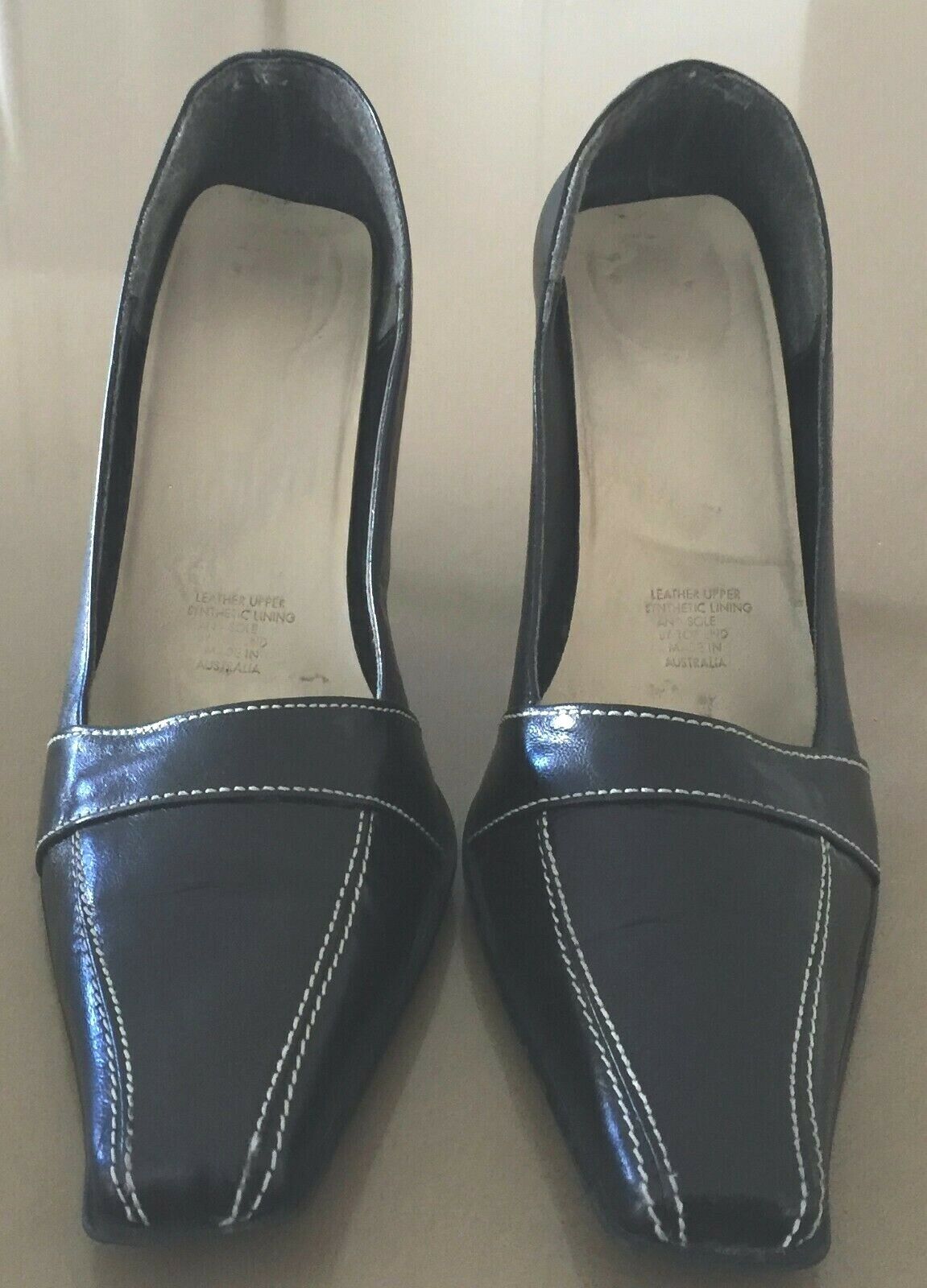 1990's Court Shoes Black Leather White Stitch Square Toe Size 8.5 B 1950's Vibe