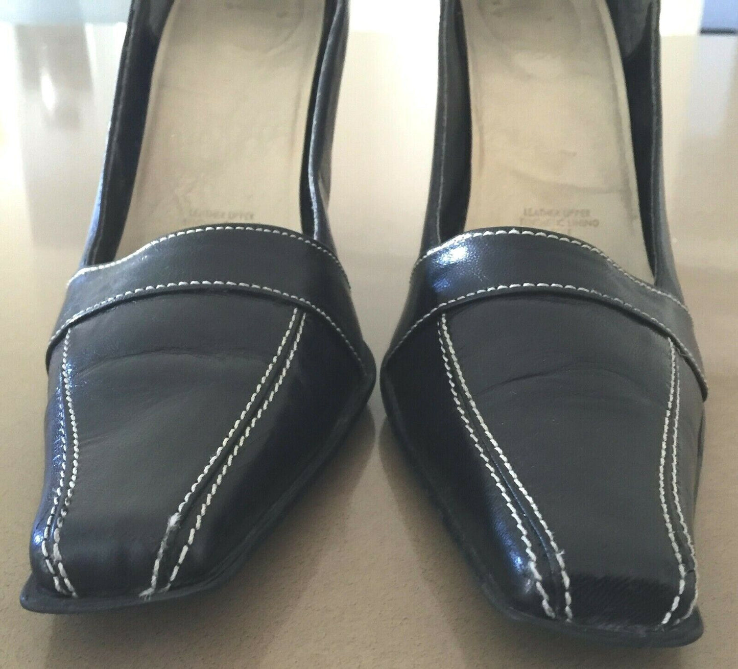 1990's Court Shoes Black Leather White Stitch Square Toe Size 8.5 B 1950's Vibe