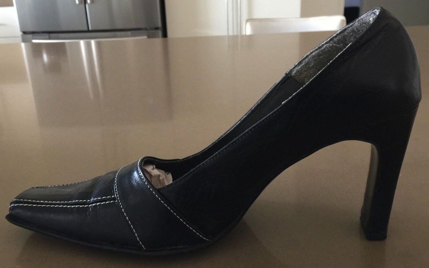 1990's Court Shoes Black Leather White Stitch Square Toe Size 8.5 B 1950's Vibe