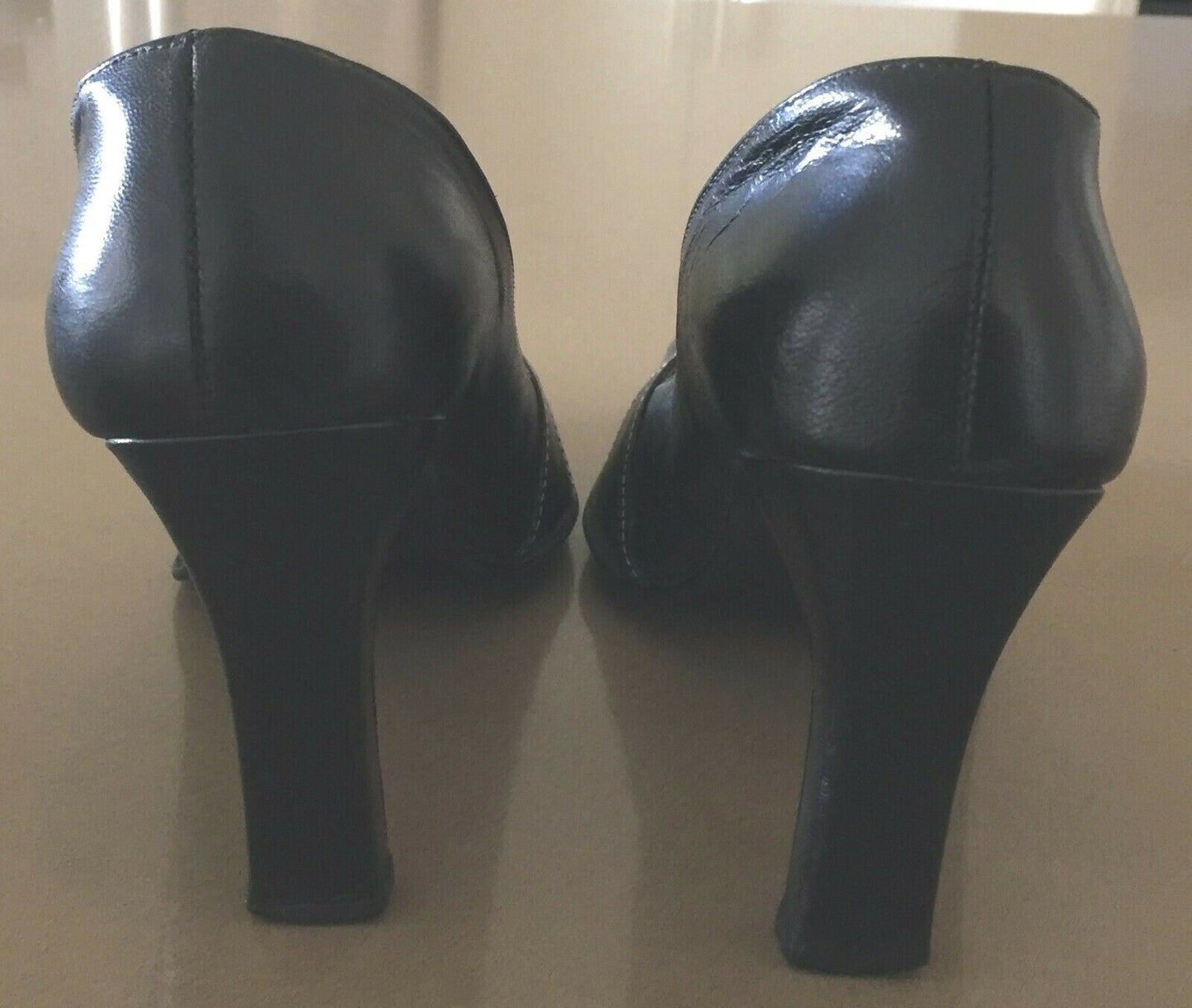 1990's Court Shoes Black Leather White Stitch Square Toe Size 8.5 B 1950's Vibe
