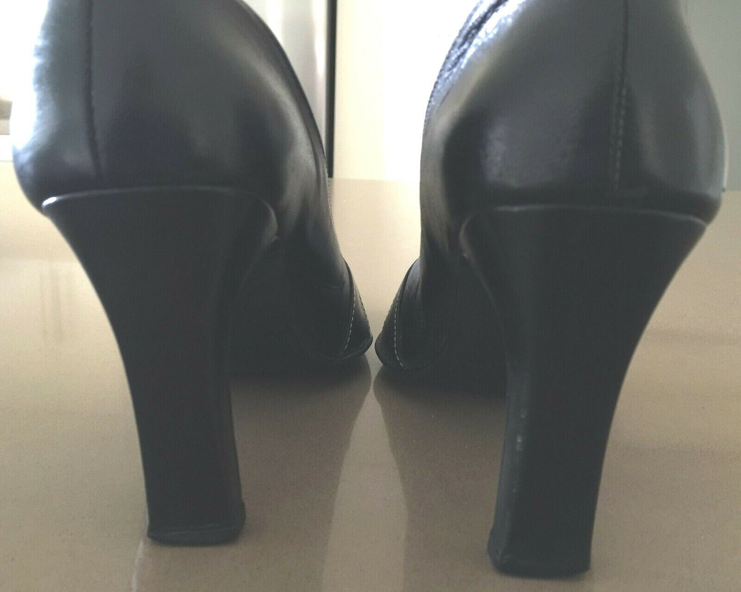 1990's Court Shoes Black Leather White Stitch Square Toe Size 8.5 B 1950's Vibe