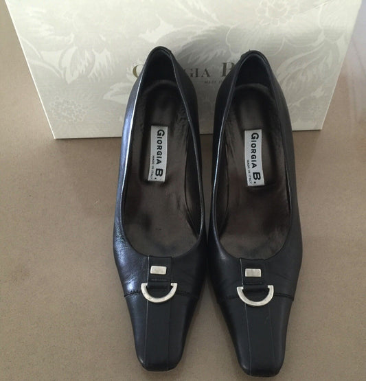 GIORGIA B Court Shoes Black Leather Square Toe Ladies Size 36 Italy
