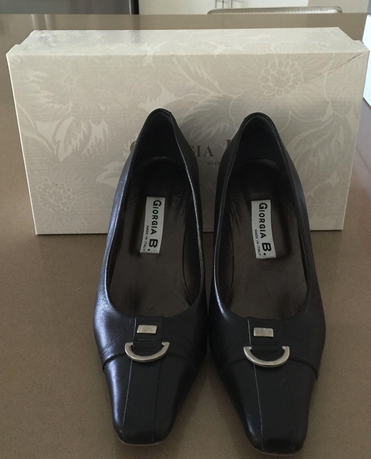 GIORGIA B Court Shoes Black Leather Square Toe Ladies Size 36 Italy
