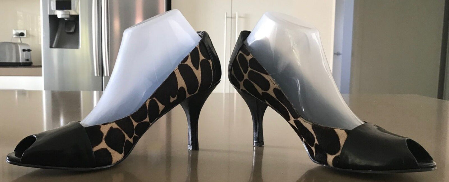 NINE WEST Court Shoes Peep Toe Black Patent & Calf Leather Size 10 M EUC
