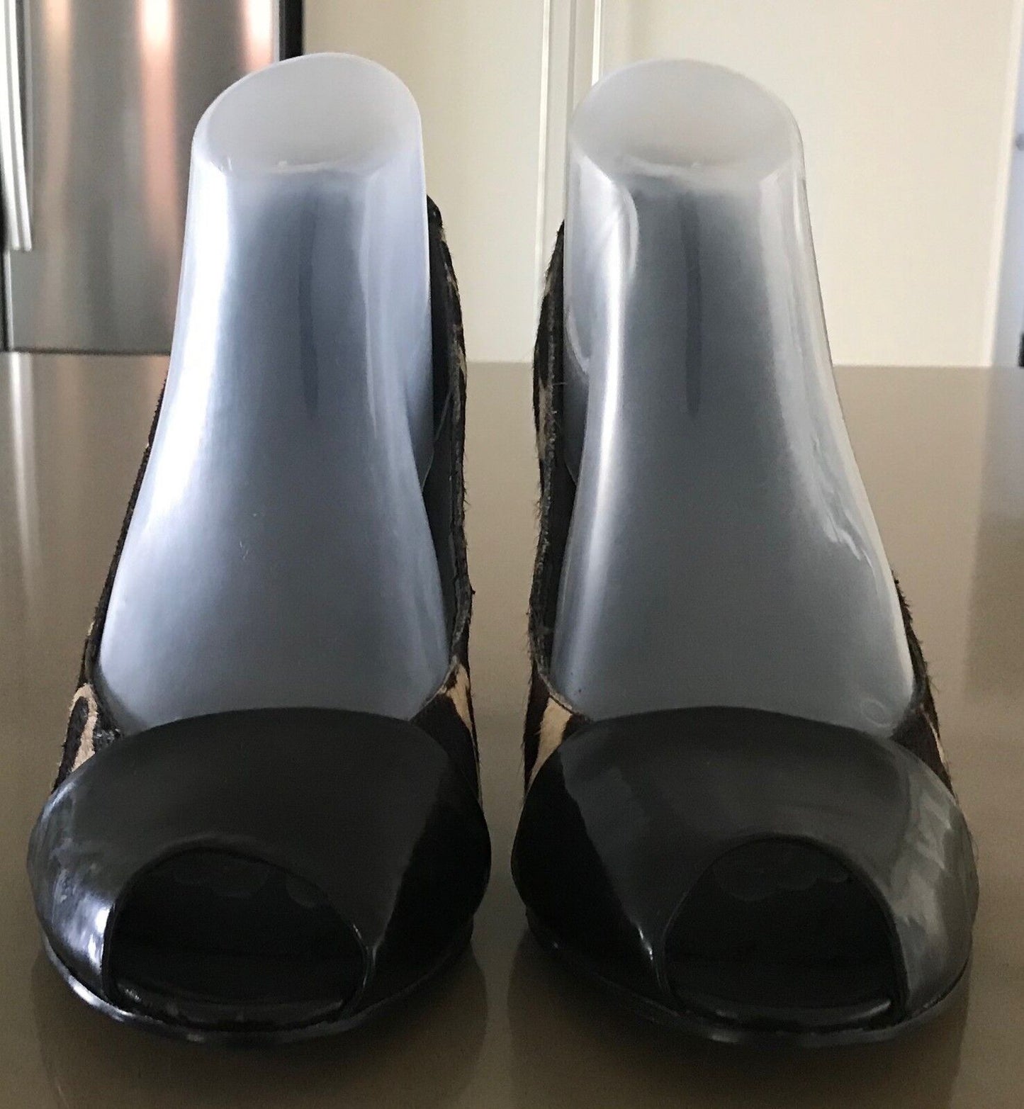 NINE WEST Court Shoes Peep Toe Black Patent & Calf Leather Size 10 M EUC