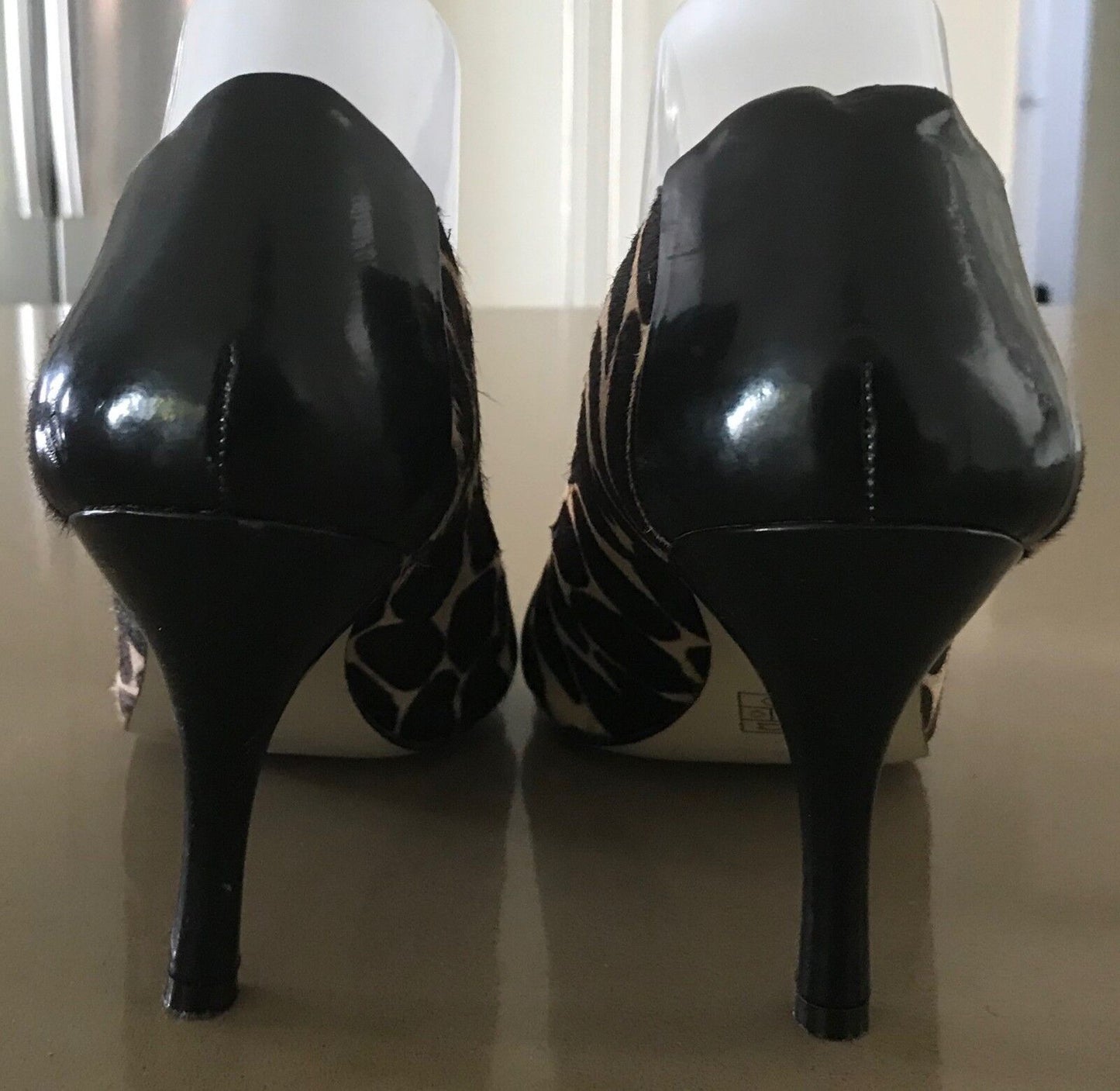 NINE WEST Court Shoes Peep Toe Black Patent & Calf Leather Size 10 M EUC