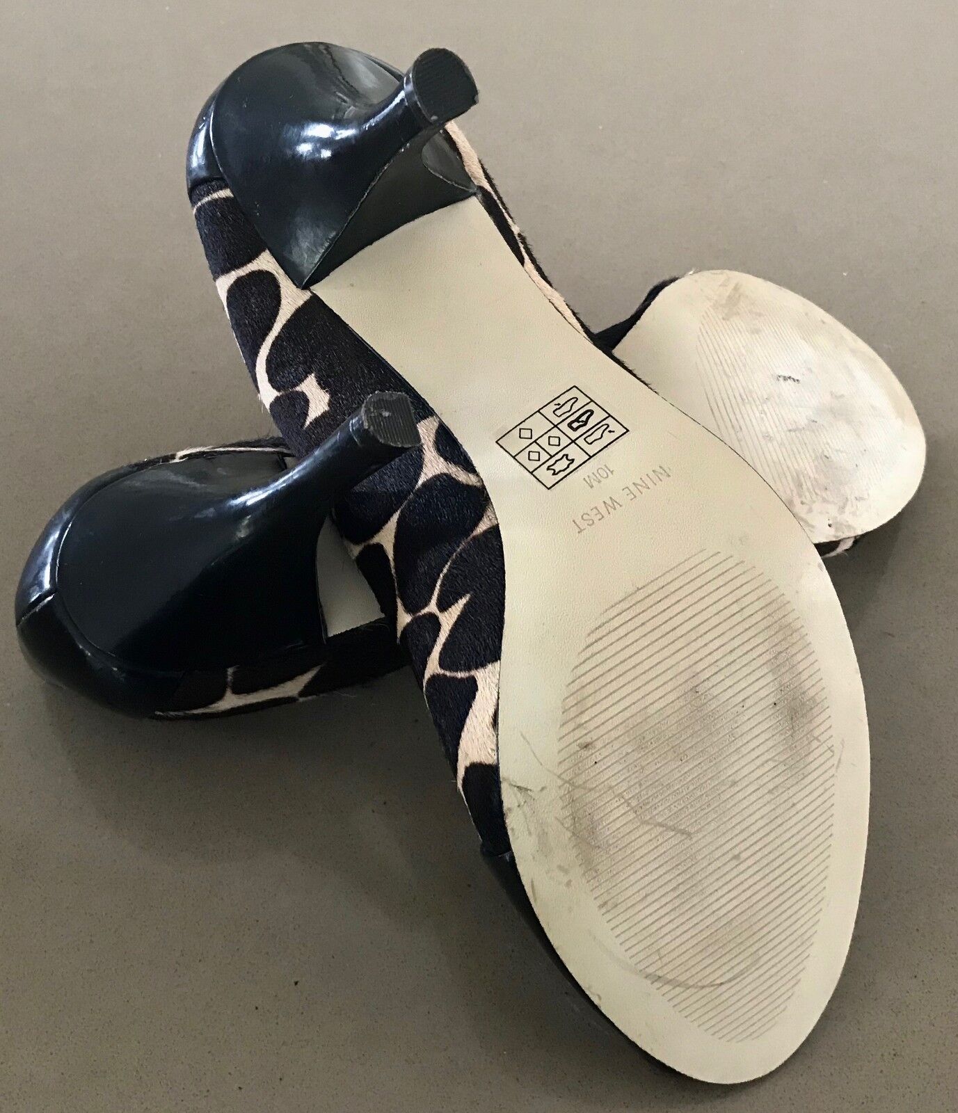 NINE WEST Court Shoes Peep Toe Black Patent & Calf Leather Size 10 M EUC