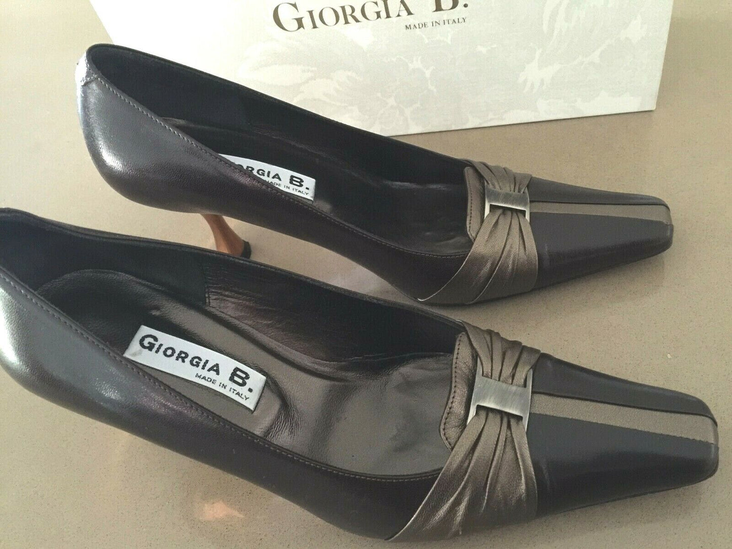 GIORGIA B Court Shoes Leather Brown & Bronze Square Toe Ladies Size 36