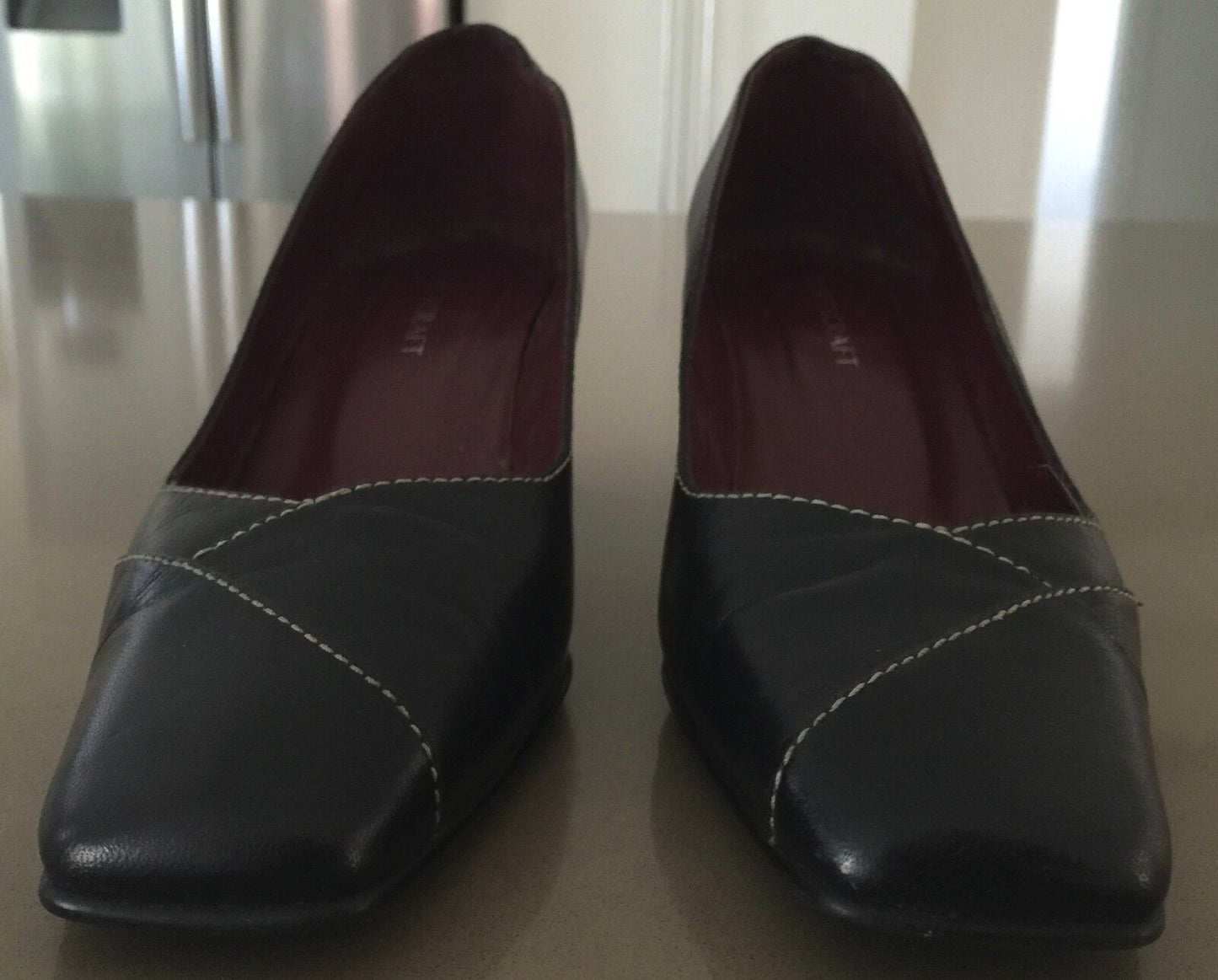 SPORTSCRAFT Court Shoes Square Toe Black Leather w White Stitch Ladies Size 38