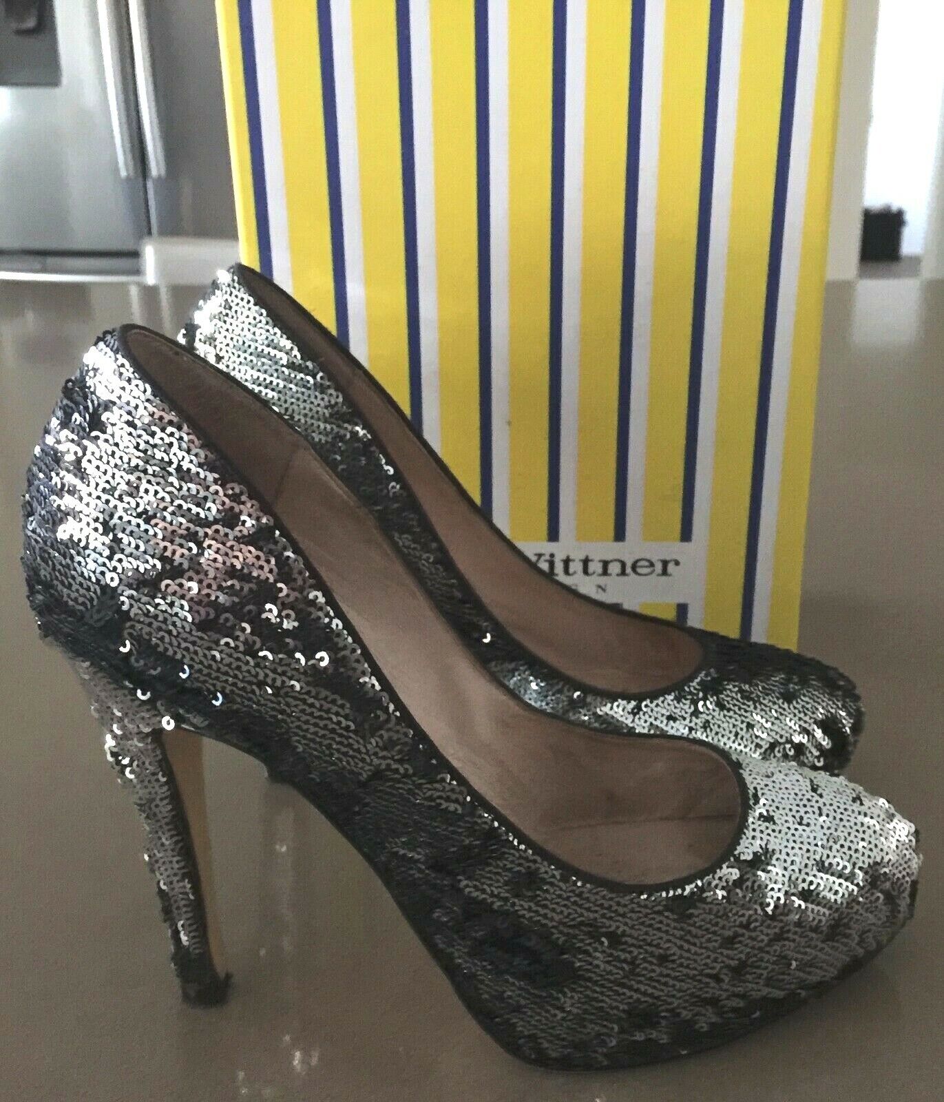 ZOE WITTNER "Amber" Heels Black & Silver Sequin Pumps Shoes Ladies Size 38