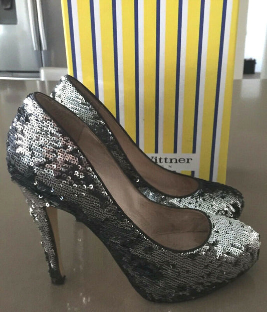 ZOE WITTNER "Amber" Heels Black & Silver Sequin Pumps Shoes Ladies Size 38