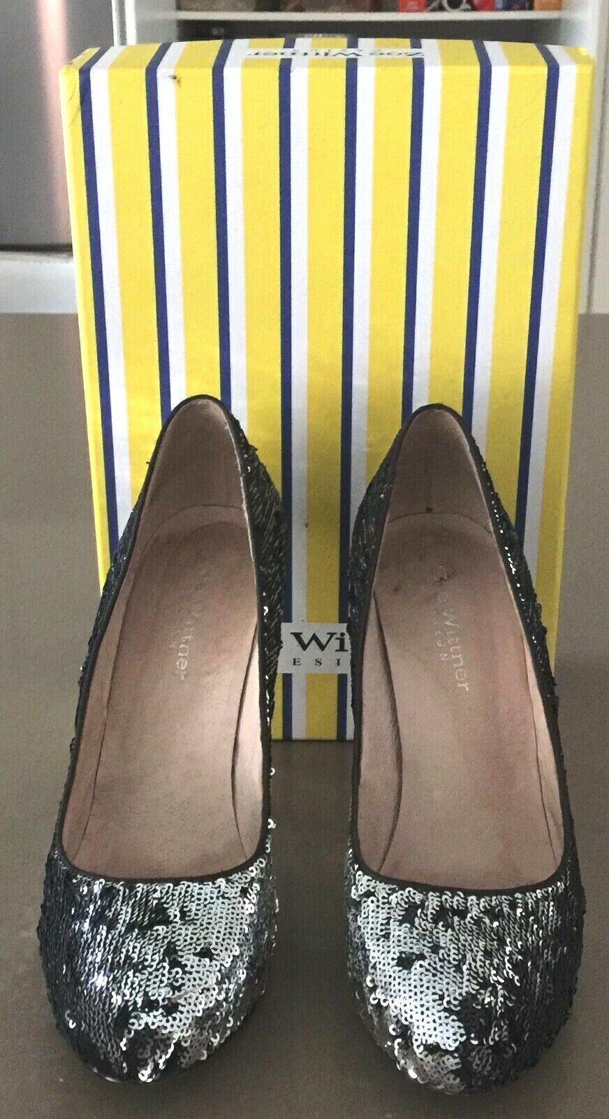 ZOE WITTNER "Amber" Heels Black & Silver Sequin Pumps Shoes Ladies Size 38