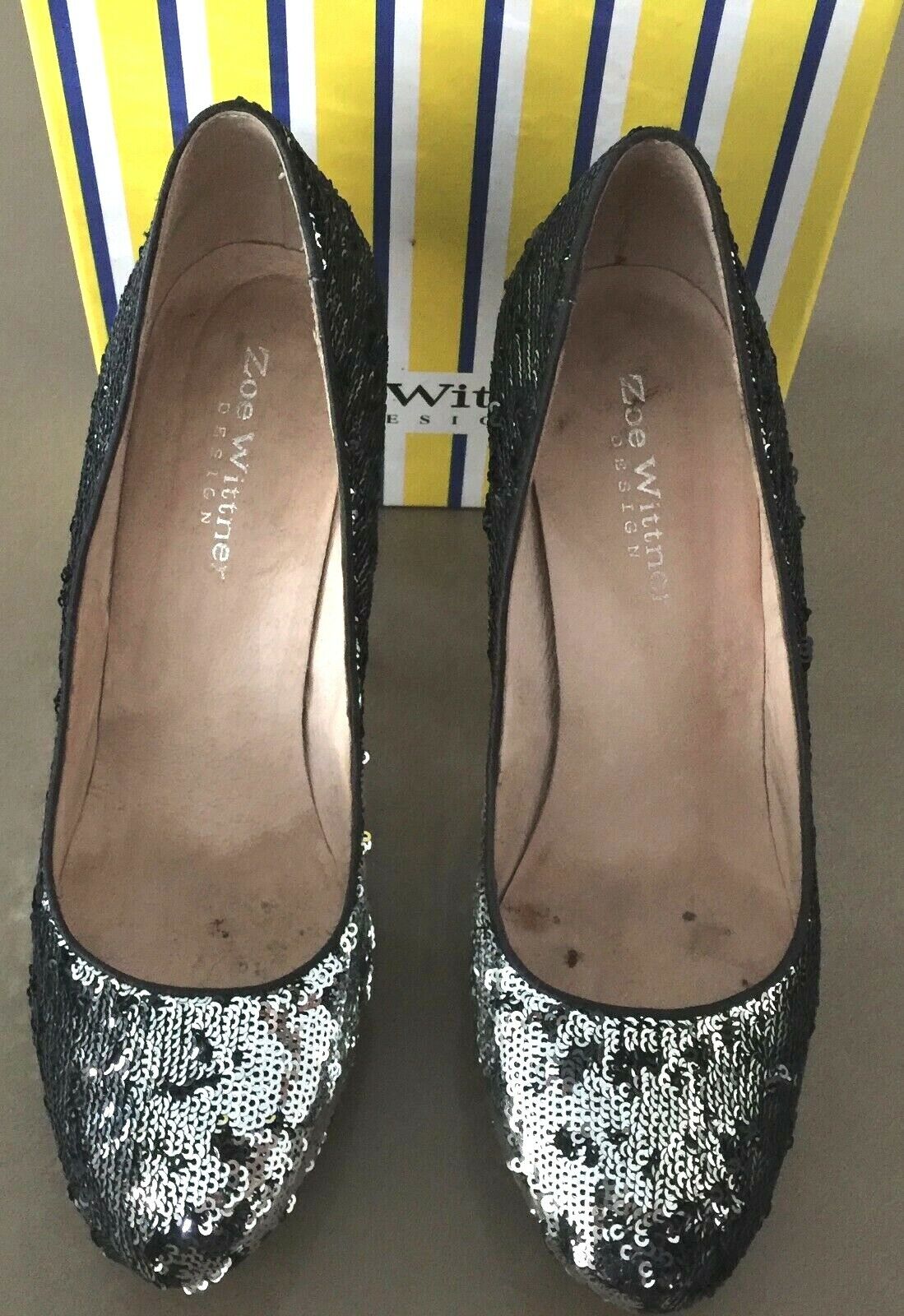 ZOE WITTNER "Amber" Heels Black & Silver Sequin Pumps Shoes Ladies Size 38