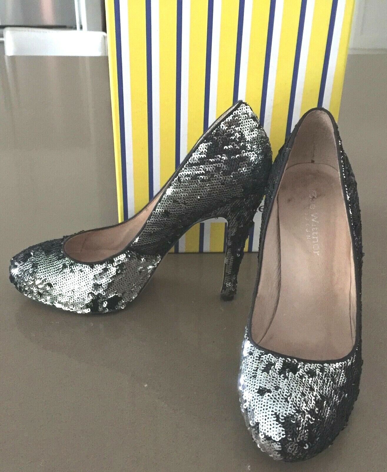ZOE WITTNER "Amber" Heels Black & Silver Sequin Pumps Shoes Ladies Size 38