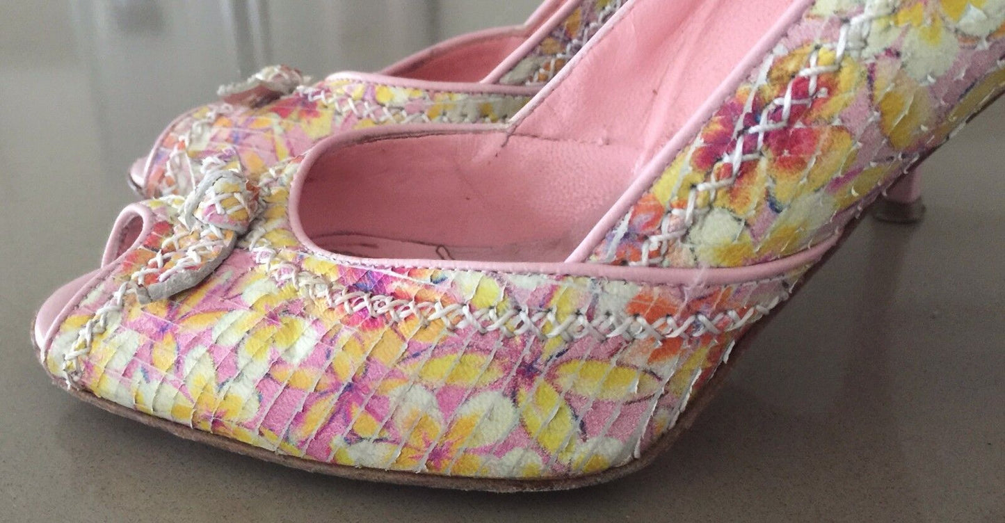 VIA SPIGA Leather Peep Toe Pumps Pink & Yellow Frangipani Print Shoes Size 8