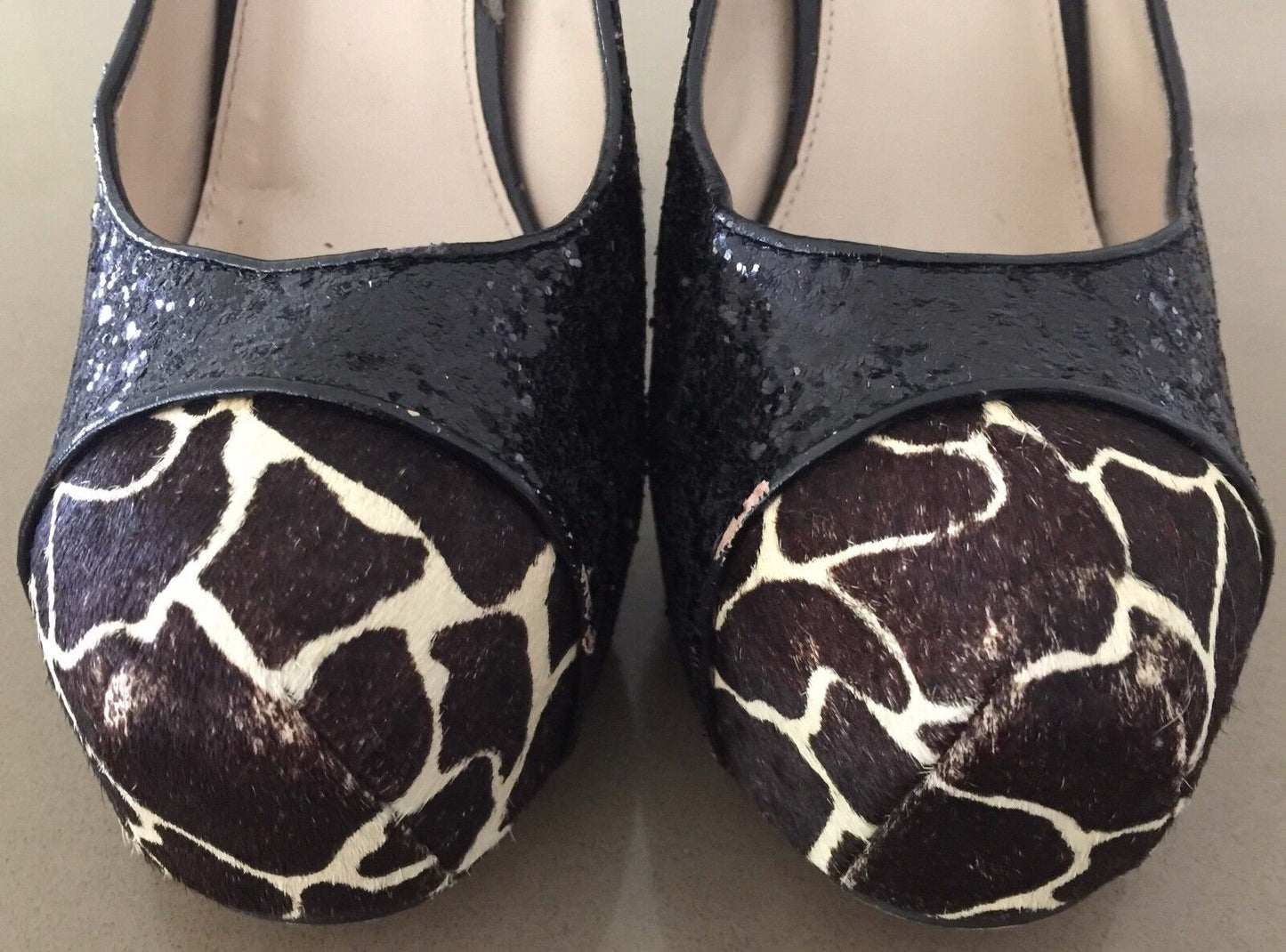 WITTNER "Suffix" Shoes Black Glitter & Giraffe Hair on Hide Pumps Ladies Size 41