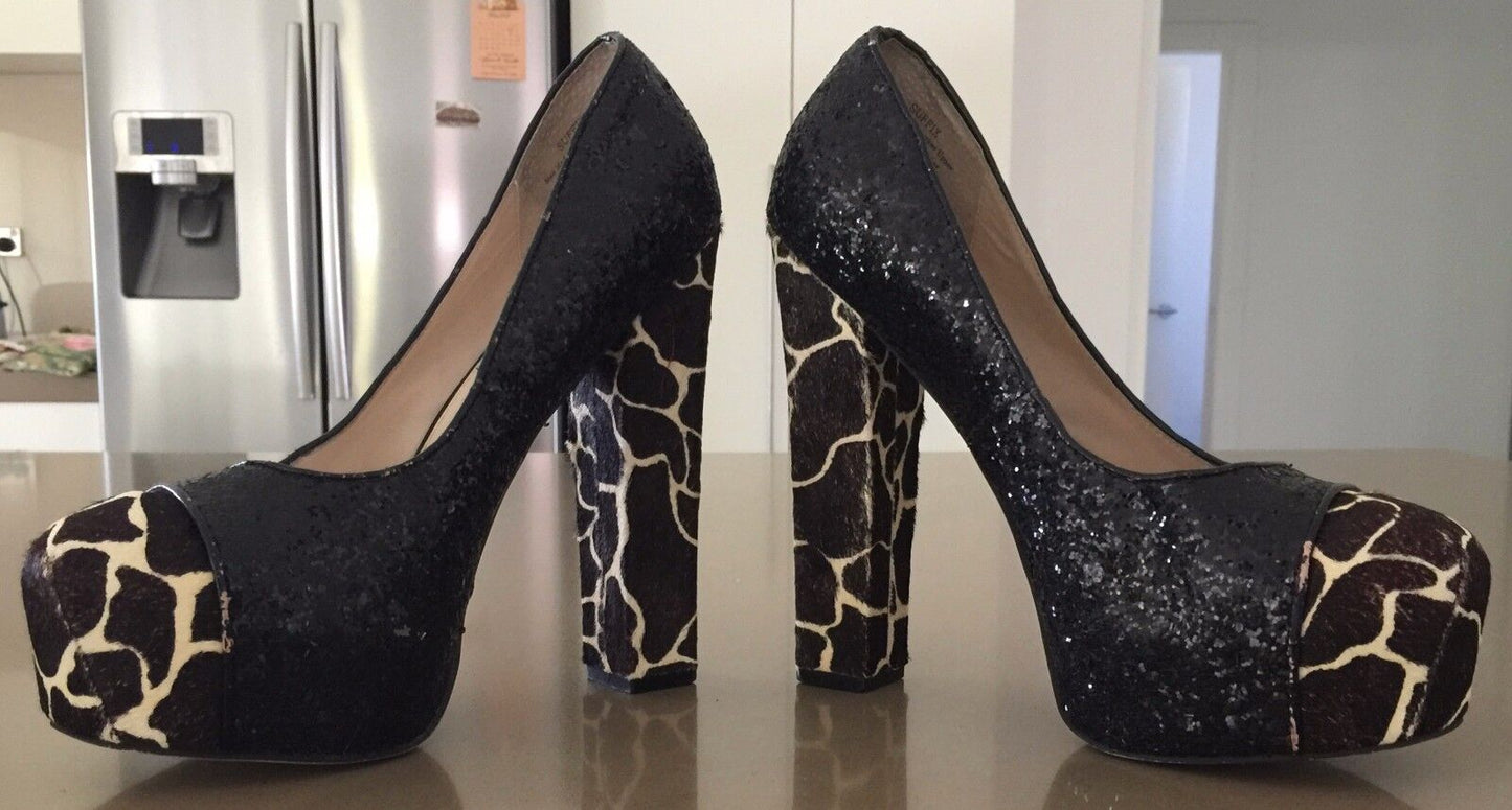WITTNER "Suffix" Shoes Black Glitter & Giraffe Hair on Hide Pumps Ladies Size 41