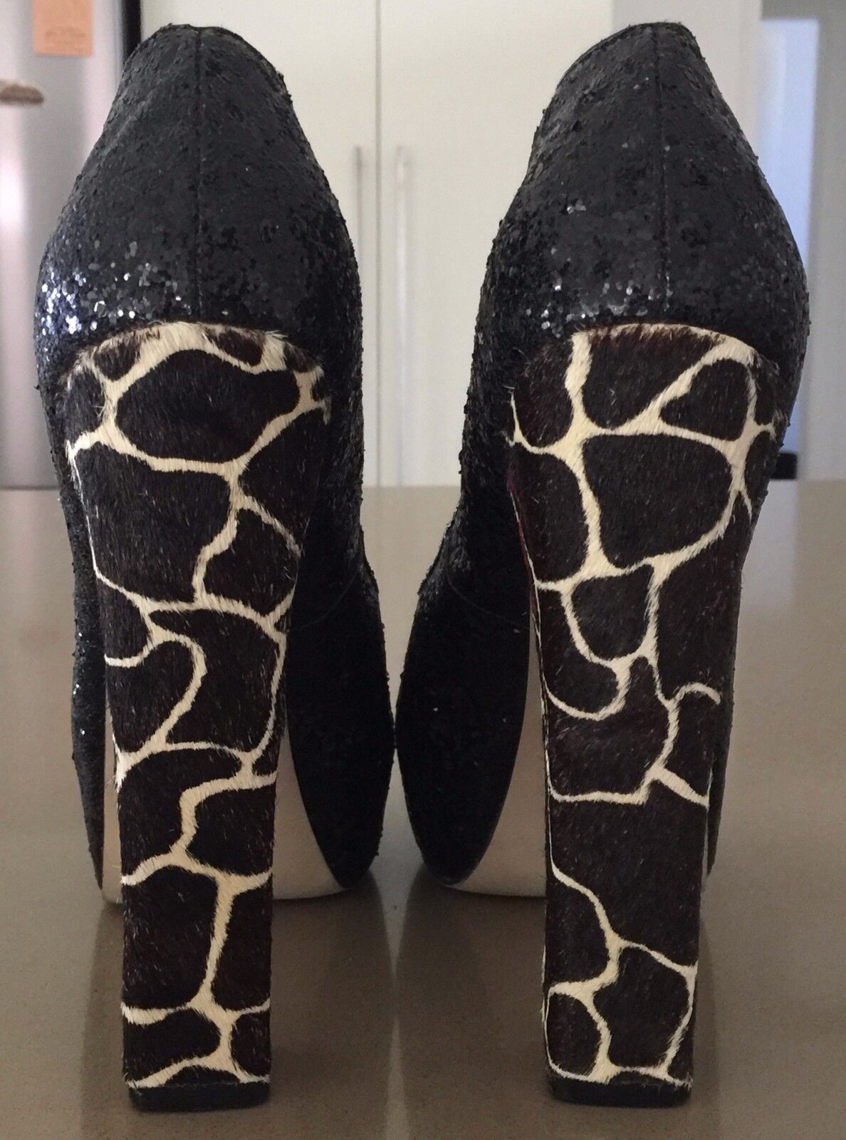 WITTNER "Suffix" Shoes Black Glitter & Giraffe Hair on Hide Pumps Ladies Size 41
