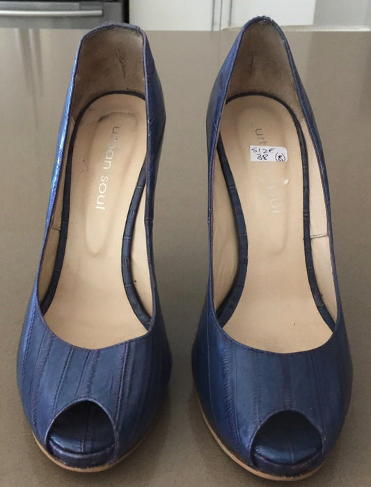 URBAN SOUL "Blue Denim" Peep toe Stiletto Heel Pumps Shoes Ladies Size 38 8