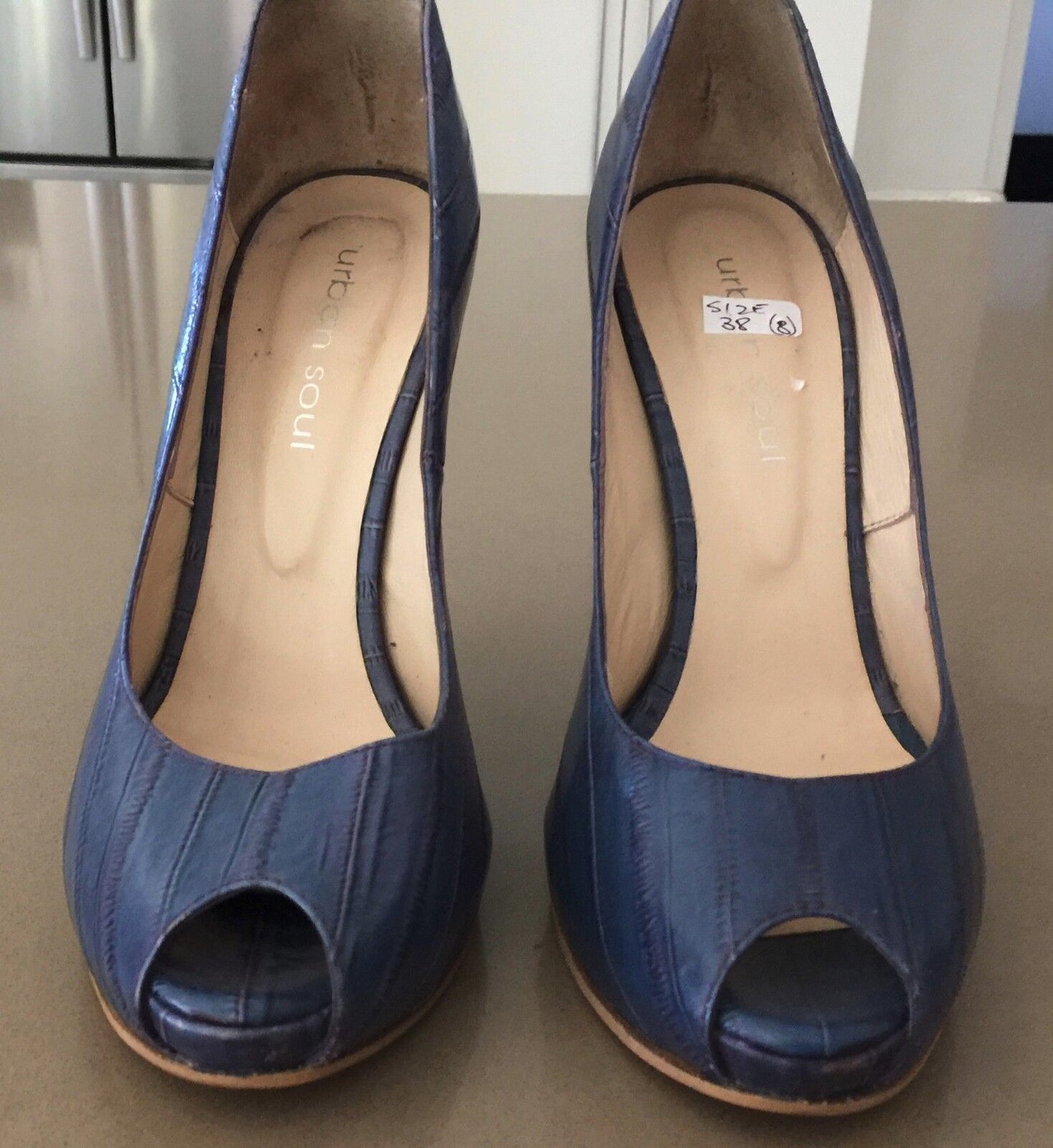 URBAN SOUL "Blue Denim" Peep toe Stiletto Heel Pumps Shoes Ladies Size 38 8
