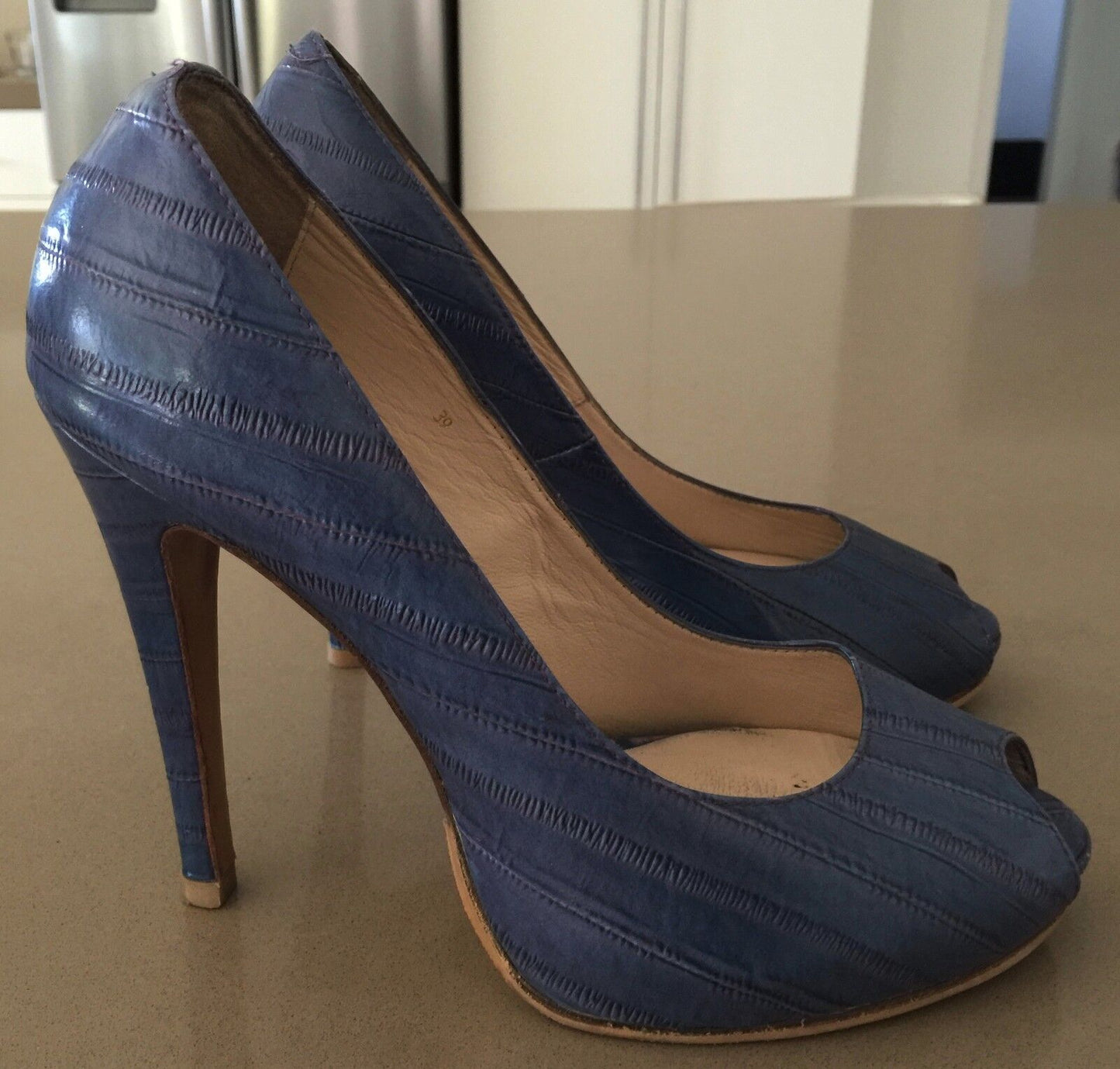 URBAN SOUL "Blue Denim" Peep toe Stiletto Heel Pumps Shoes Ladies Size 38 8