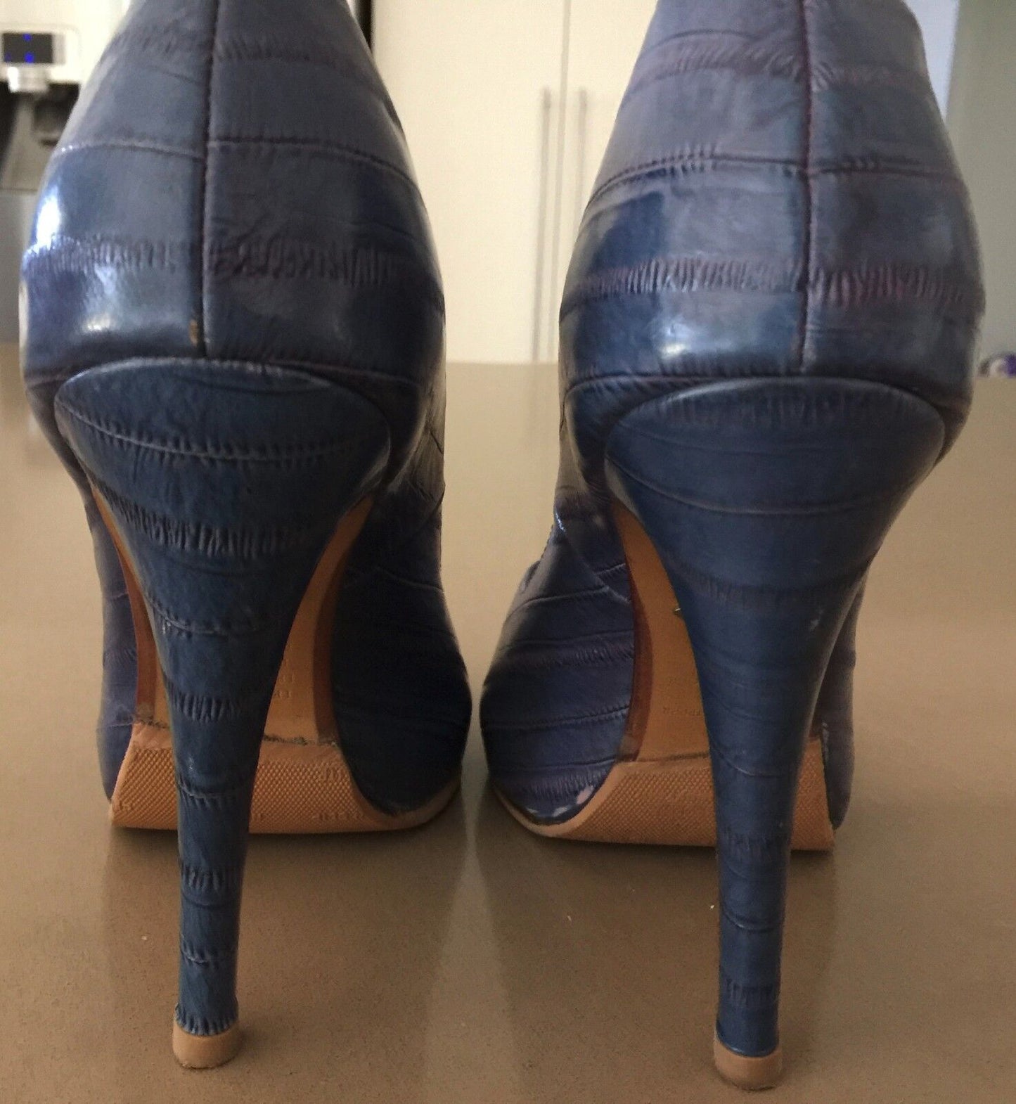 URBAN SOUL "Blue Denim" Peep toe Stiletto Heel Pumps Shoes Ladies Size 38 8