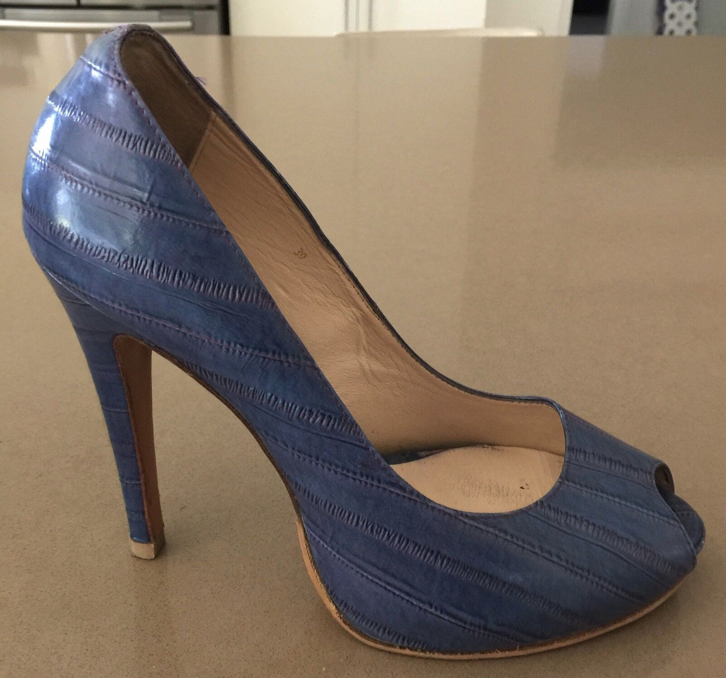 URBAN SOUL "Blue Denim" Peep toe Stiletto Heel Pumps Shoes Ladies Size 38 8