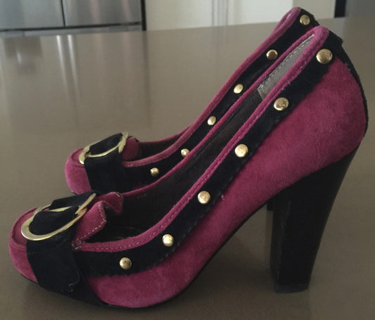 NAUGHTY MONKEY Pink & Black Suede Loafer Pumps Shoes Size 5.5 Vintage Vibe