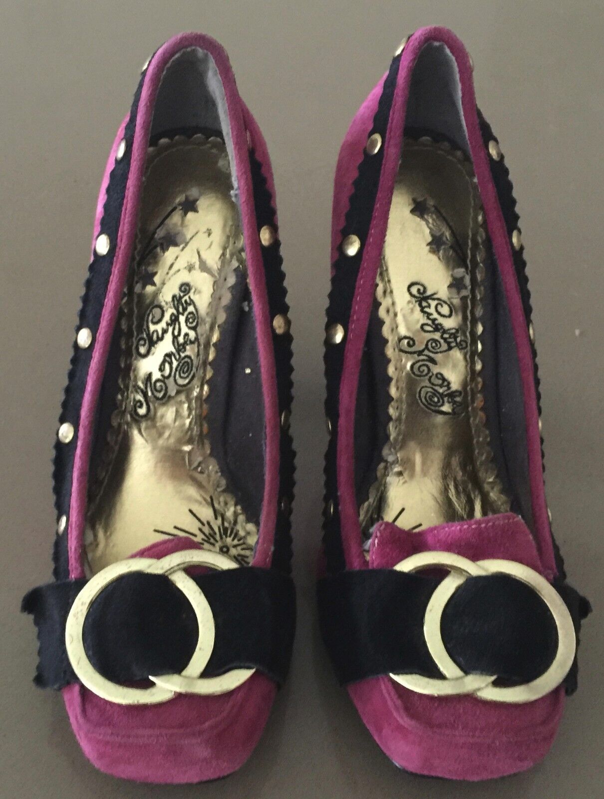 NAUGHTY MONKEY Pink & Black Suede Loafer Pumps Shoes Size 5.5 Vintage Vibe