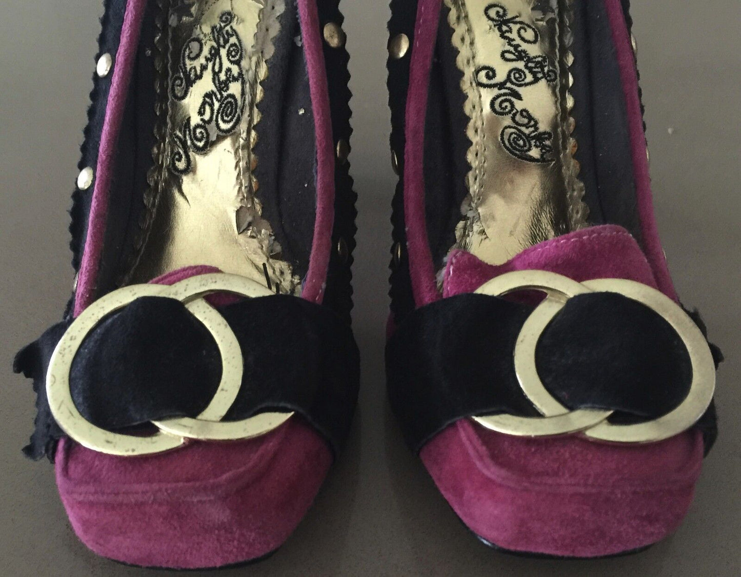 NAUGHTY MONKEY Pink & Black Suede Loafer Pumps Shoes Size 5.5 Vintage Vibe