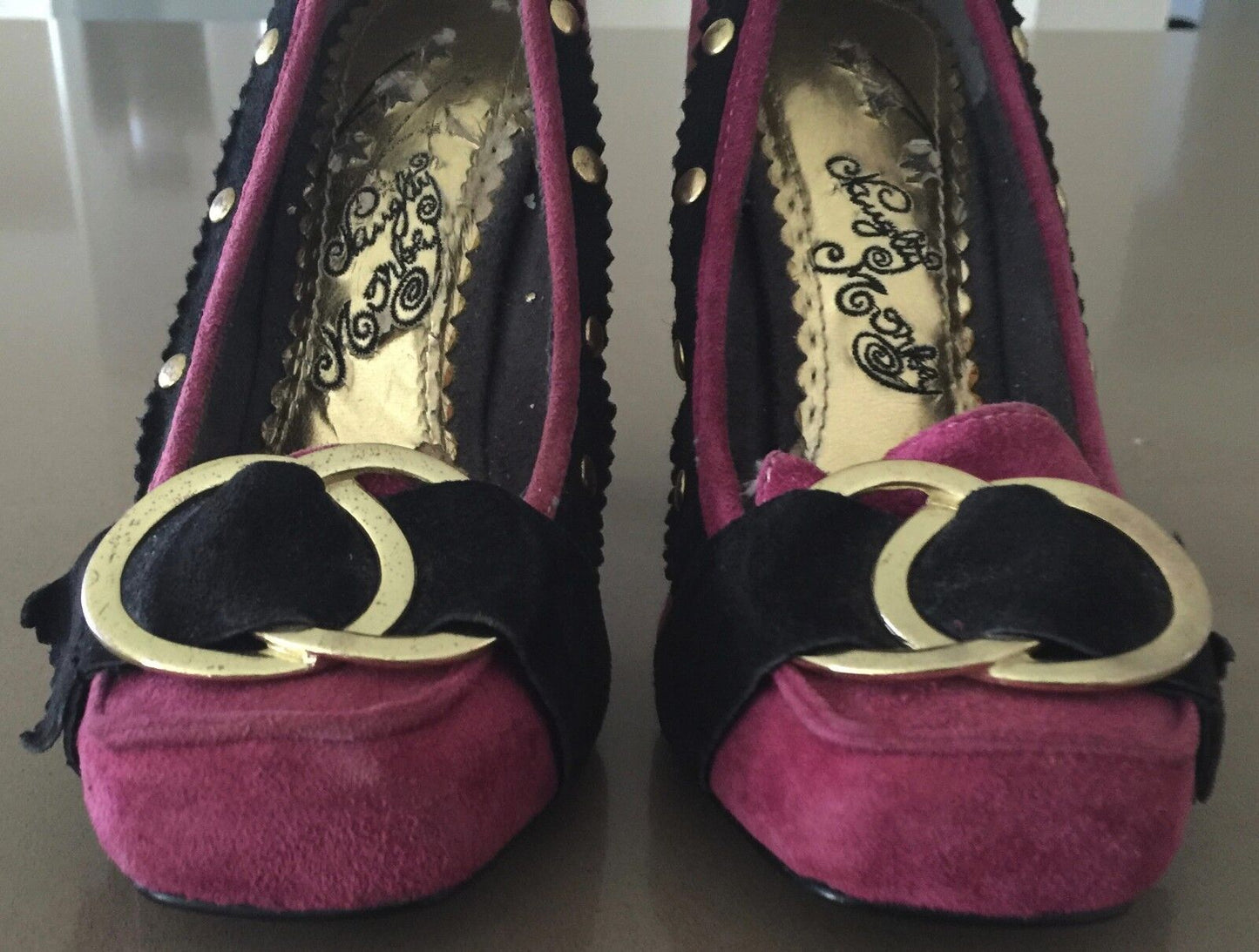NAUGHTY MONKEY Pink & Black Suede Loafer Pumps Shoes Size 5.5 Vintage Vibe