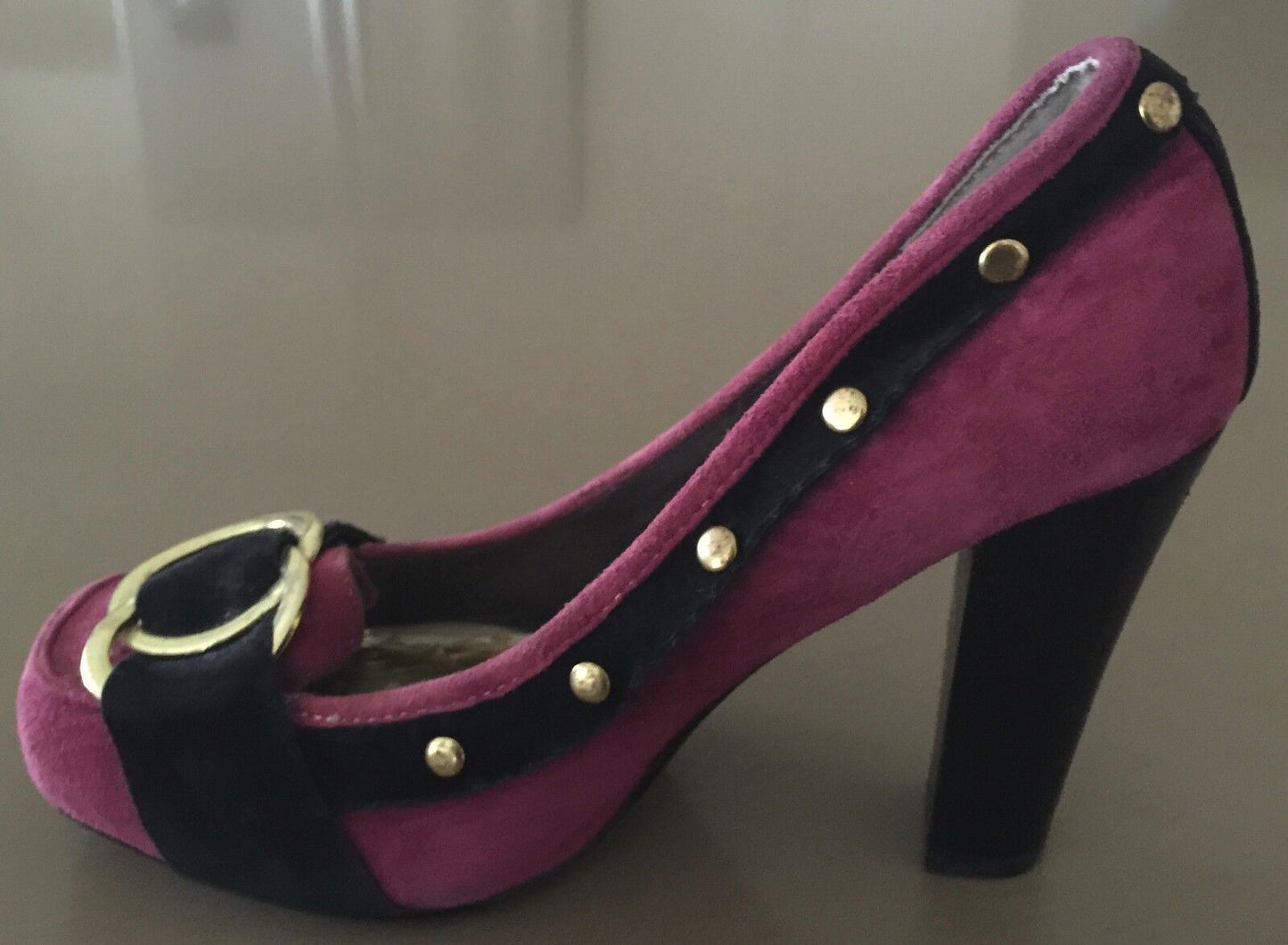 NAUGHTY MONKEY Pink & Black Suede Loafer Pumps Shoes Size 5.5 Vintage Vibe