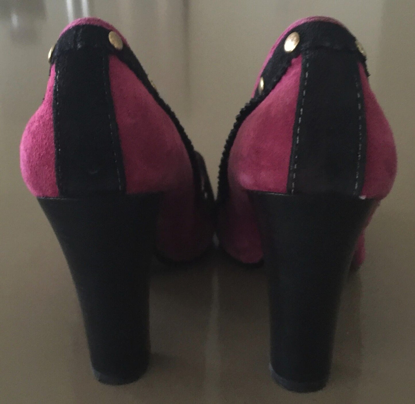 NAUGHTY MONKEY Pink & Black Suede Loafer Pumps Shoes Size 5.5 Vintage Vibe