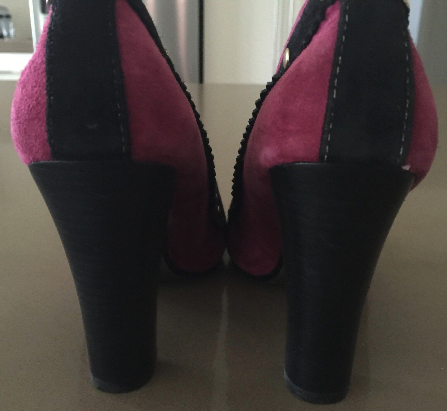 NAUGHTY MONKEY Pink & Black Suede Loafer Pumps Shoes Size 5.5 Vintage Vibe